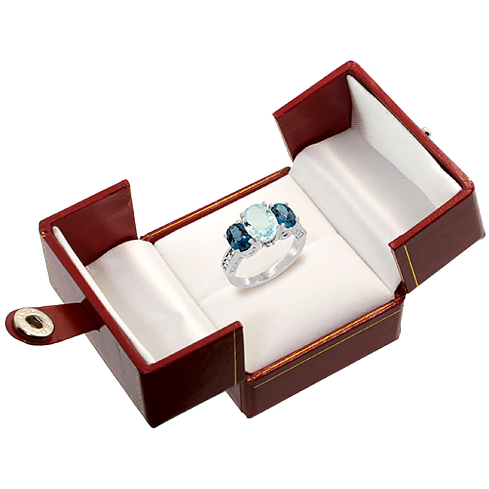 Sabrina Silver 14K White Gold Diamond Natural Aquamarine Ring 3-Stone Oval 8x6mm with London Blue Topaz, sizes5-10