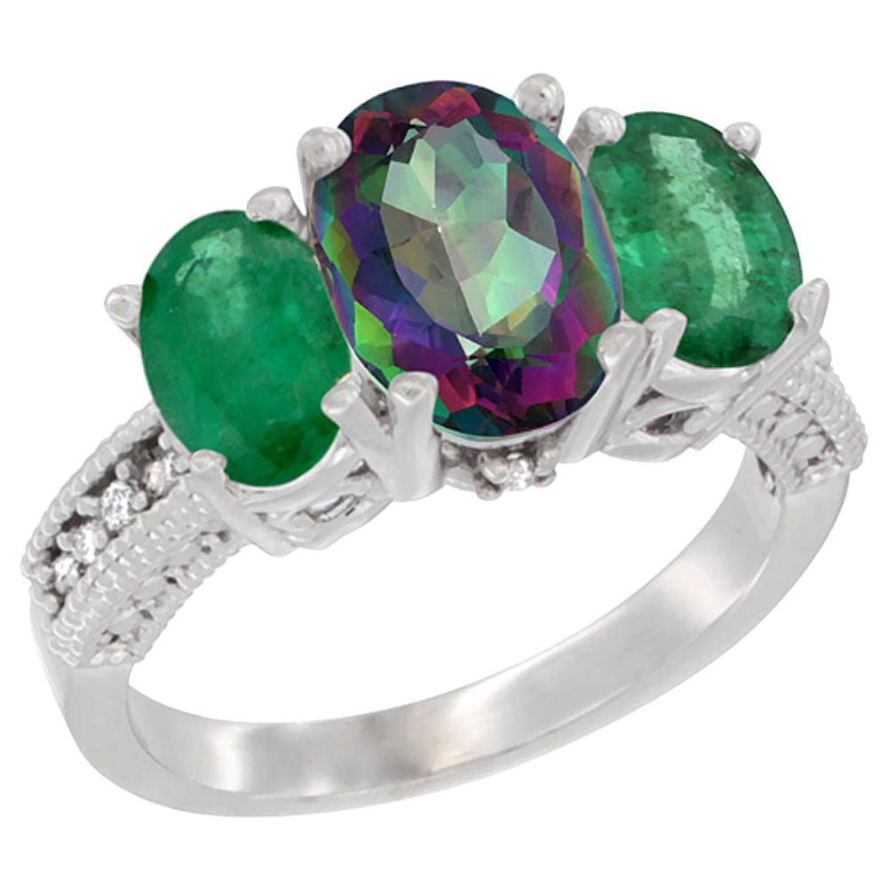 Sabrina Silver 14K White Gold Diamond Natural Mystic Topaz Ring 3-Stone Oval 8x6mm with Emerald, sizes5-10