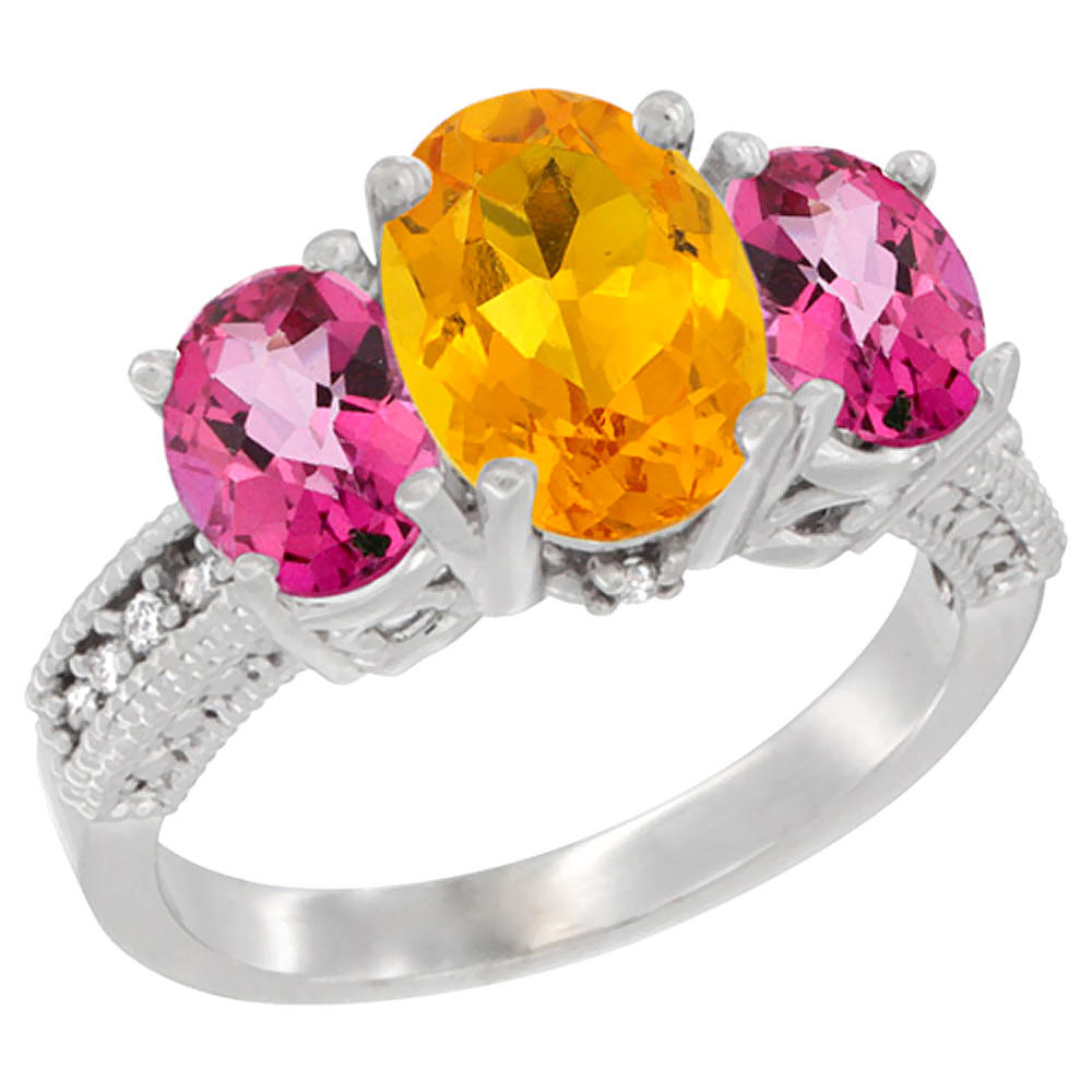 Sabrina Silver 14K White Gold Diamond Natural Citrine Ring 3-Stone Oval 8x6mm with Pink Topaz, sizes5-10