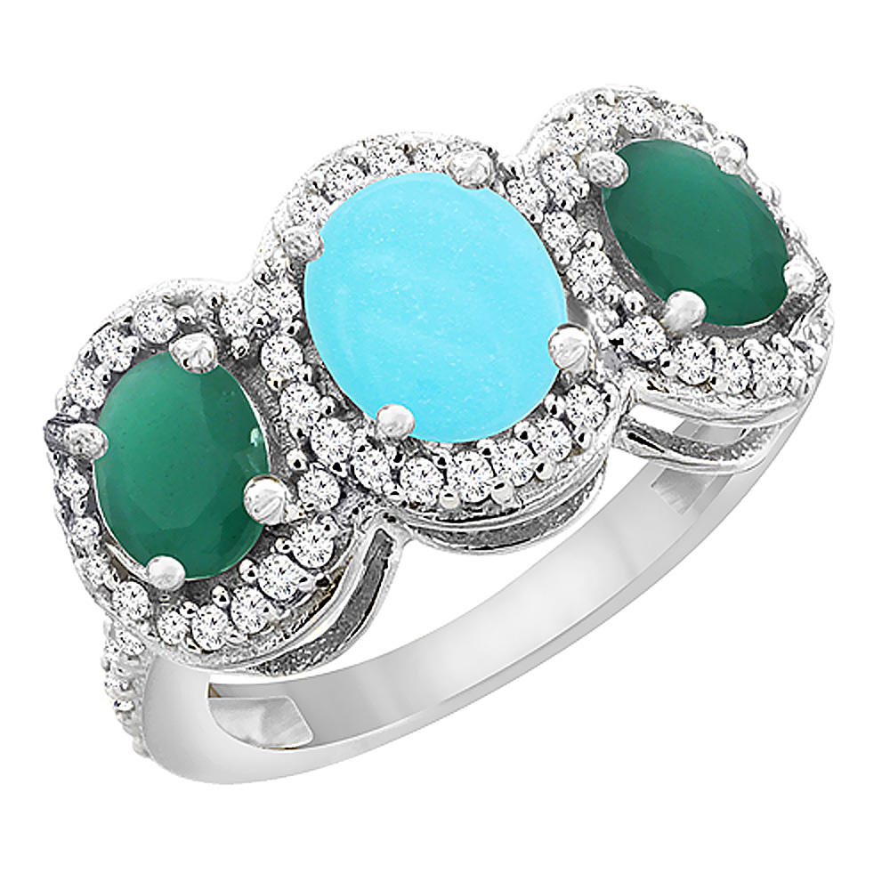 Sabrina Silver 10K White Gold Natural Turquoise & Emerald 3-Stone Ring Oval Diamond Accent, sizes 5 - 10
