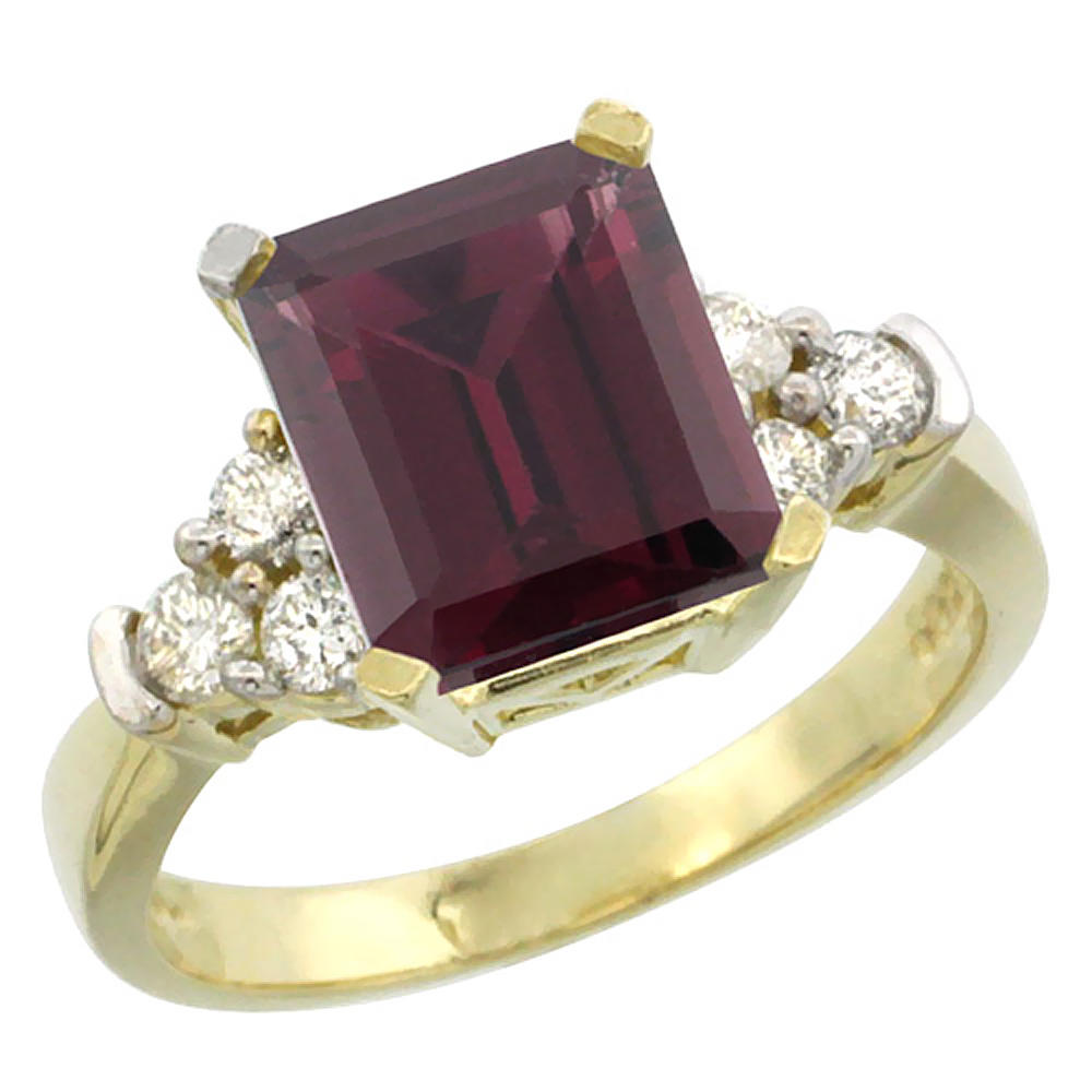 Sabrina Silver 14K Yellow Gold Natural Rhodolite Ring Octagon 9x7mm Diamond Accent, sizes 5-10