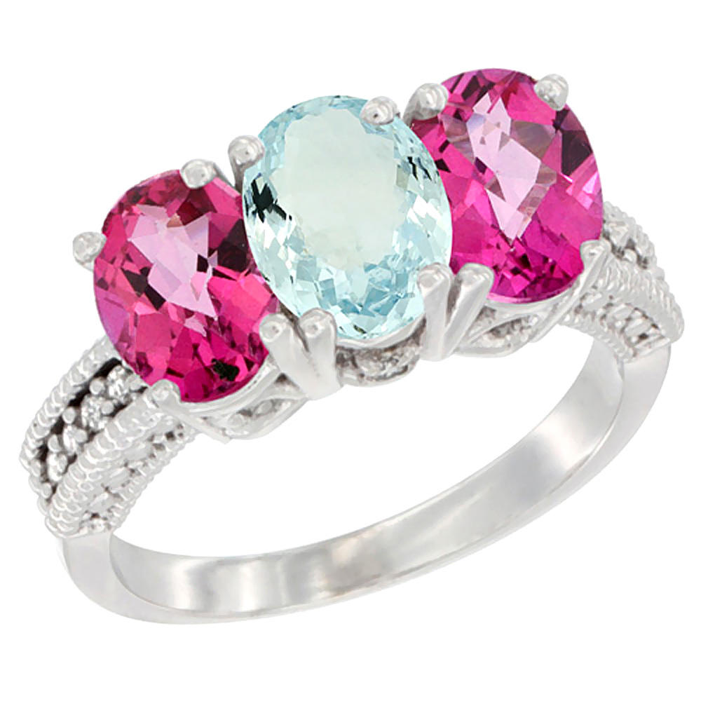Sabrina Silver 10K White Gold Natural Aquamarine & Pink Topaz Sides Ring 3-Stone Oval 7x5 mm Diamond Accent, sizes 5 - 10