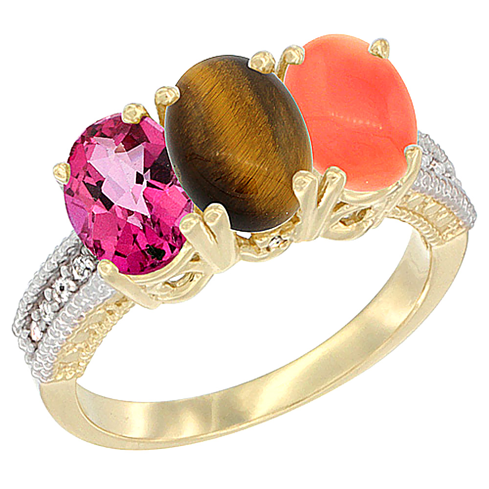 Sabrina Silver 10K Yellow Gold Diamond Natural Pink Topaz, Tiger Eye & Coral Ring 3-Stone 7x5 mm Oval, sizes 5 - 10