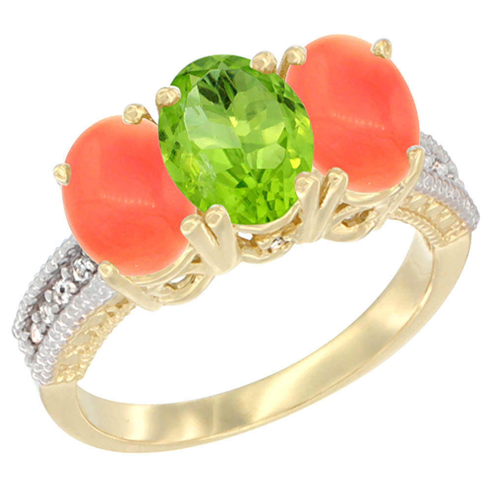 Sabrina Silver 14K Yellow Gold Natural Peridot Ring with Coral 3-Stone 7x5 mm Oval Diamond Accent, sizes 5 - 10