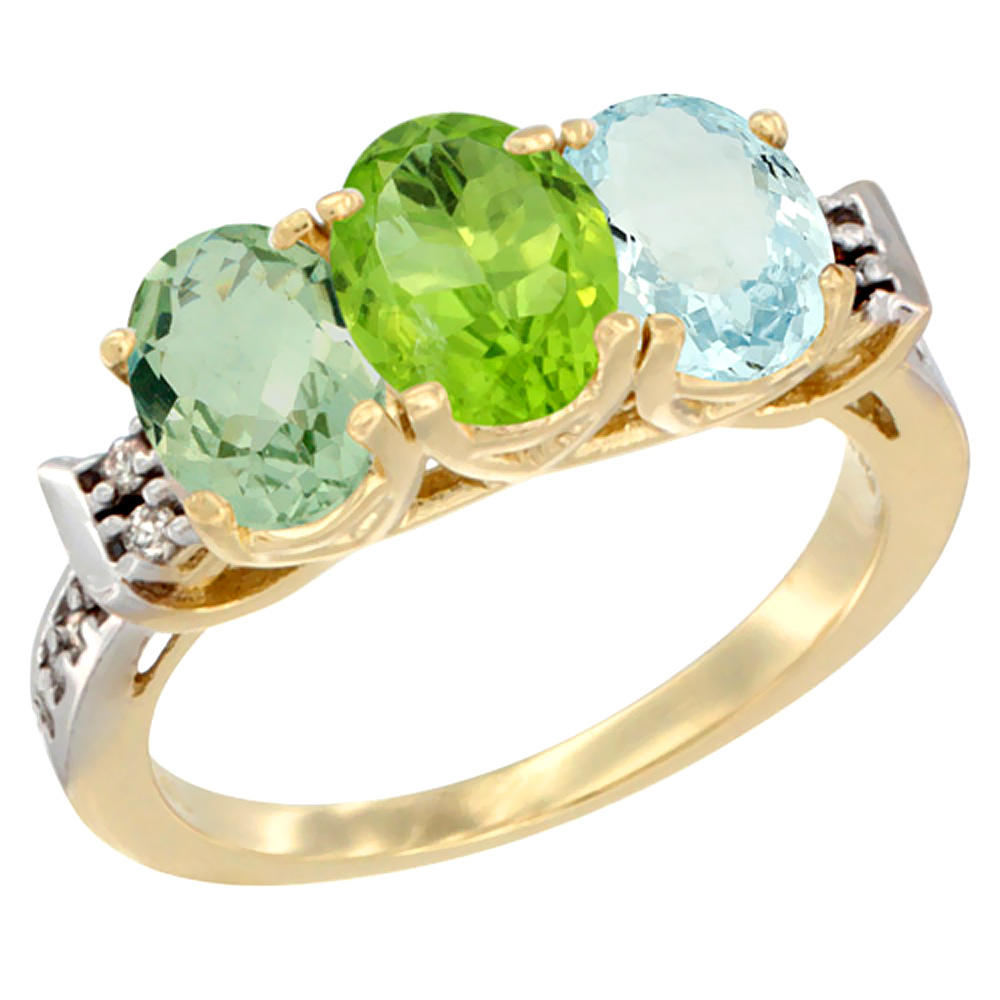 Sabrina Silver 14K Yellow Gold Natural Green Amethyst, Peridot & Aquamarine Ring 3-Stone 7x5 mm Oval Diamond Accent, sizes 5 - 10