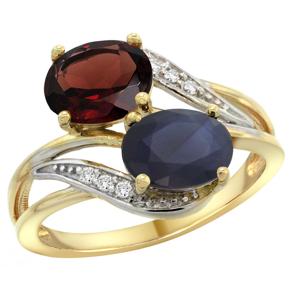 Sabrina Silver 14K Yellow Gold Diamond Natural Garnet & Quality Blue Sapphire 2-stone Mothers Ring Oval 8x6mm, sz 5 - 10