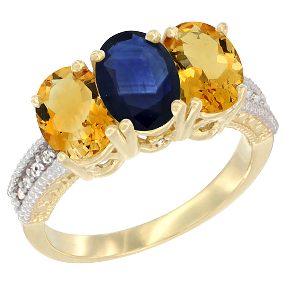 Sabrina Silver 14K Yellow Gold Natural Blue Sapphire & Citrine Sides Ring 3-Stone 7x5 mm Oval Diamond Accent, sizes 5 - 10