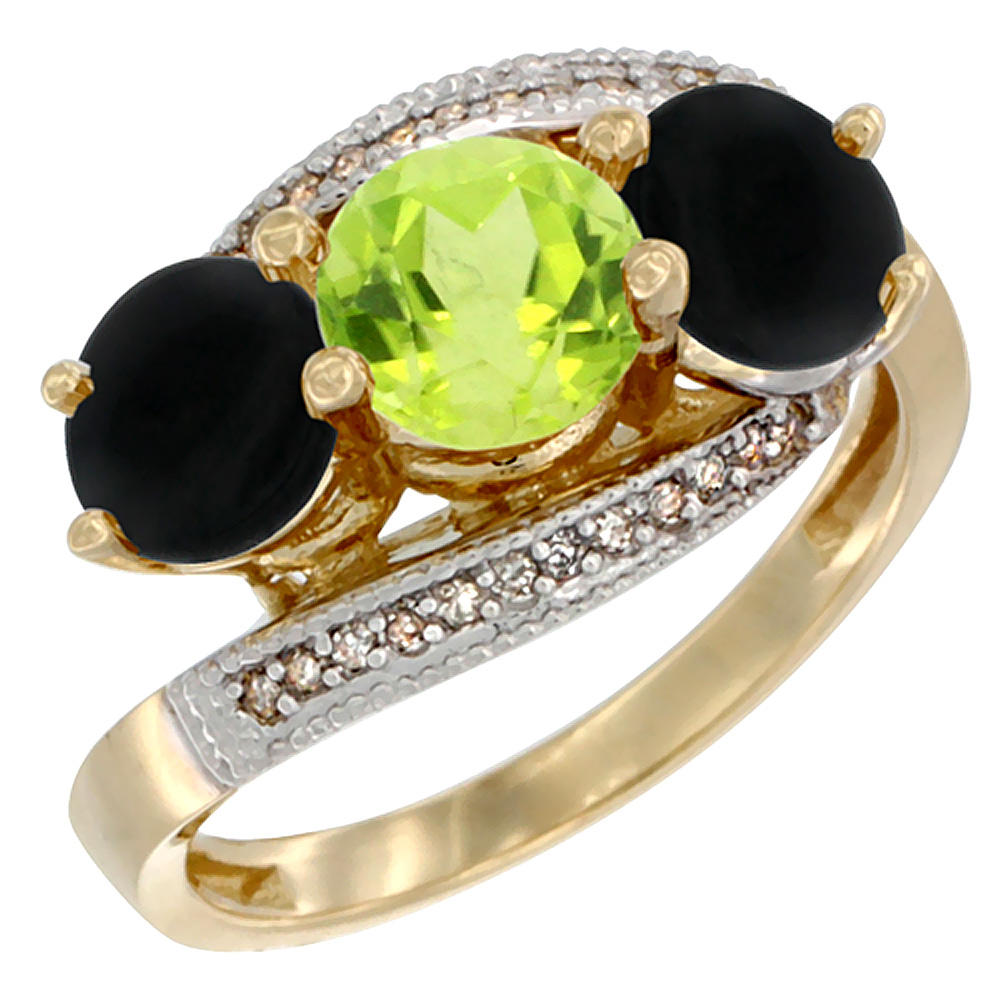 Sabrina Silver 14K Yellow Gold Natural Peridot & Black Onyx Sides 3 stone Ring Round 6mm Diamond Accent, sizes 5 - 10