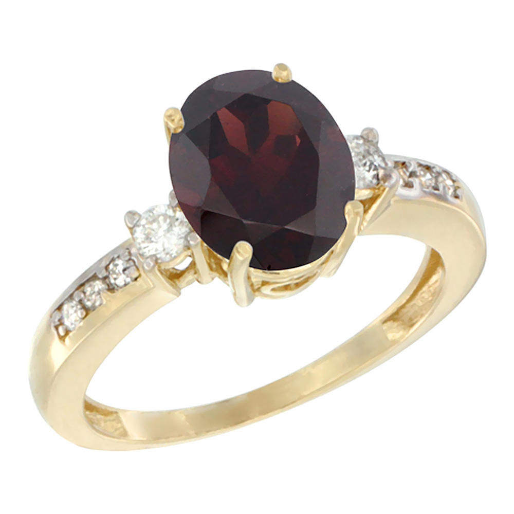 Sabrina Silver 14K Yellow Gold Natural Garnet Ring Oval 9x7 mm Diamond Accent, sizes 5 - 10