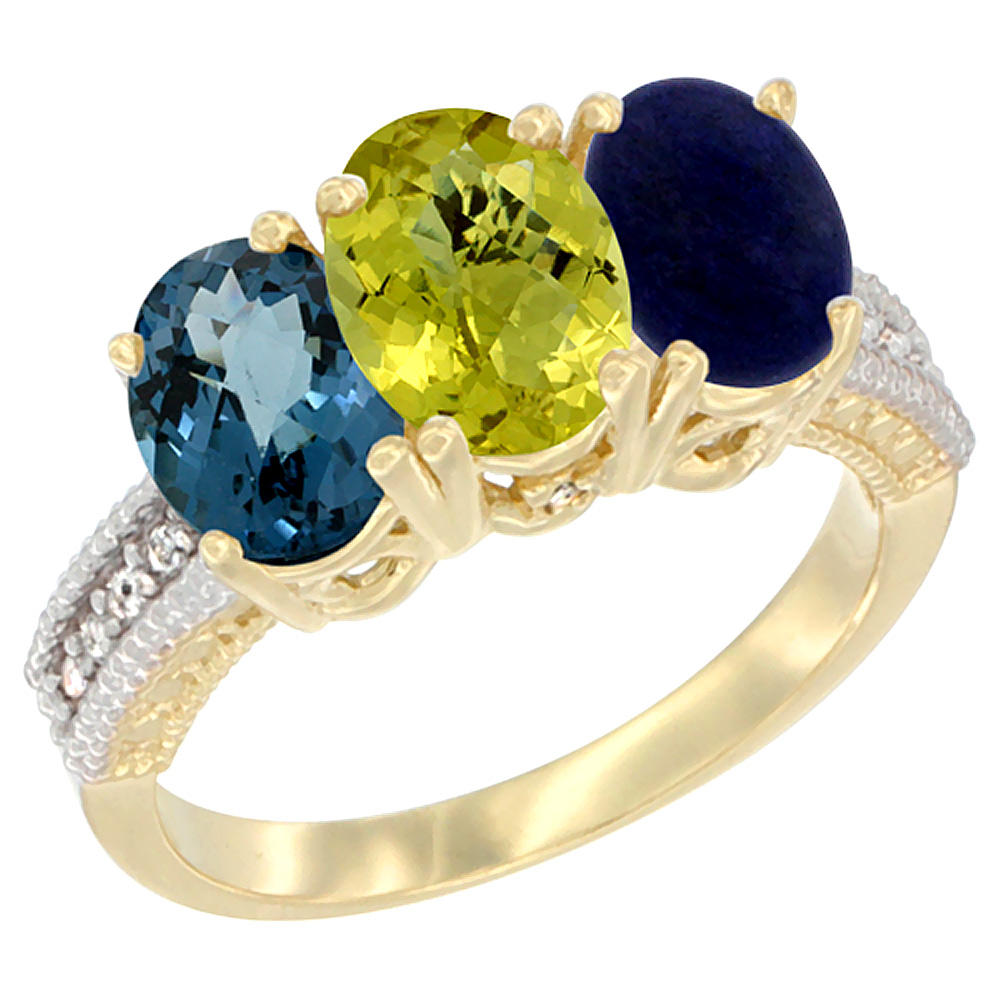 Sabrina Silver 14K Yellow Gold Natural London Blue Topaz, Coral & Lapis Ring 3-Stone 7x5 mm Oval Diamond Accent, sizes 5 - 10