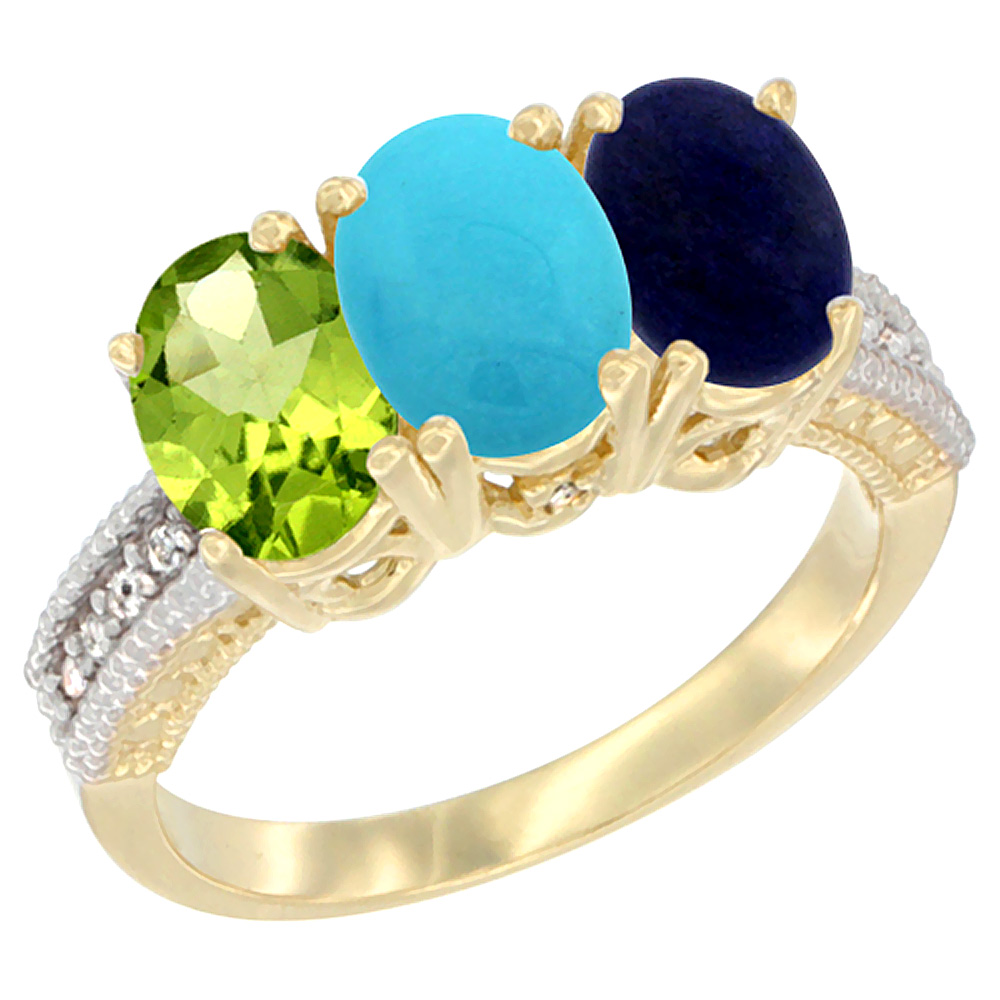 Sabrina Silver 10K Yellow Gold Natural Peridot, Turquoise & Lapis Ring 3-Stone Oval 7x5 mm, sizes 5 - 10