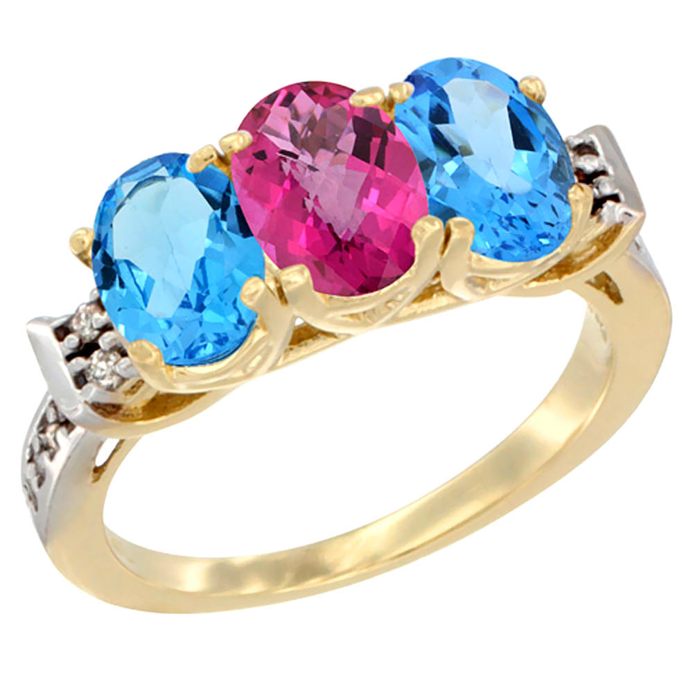 Sabrina Silver 14K Yellow Gold Natural Pink Topaz & Swiss Blue Topaz Sides Ring 3-Stone 7x5 mm Oval Diamond Accent, sizes 5 - 10