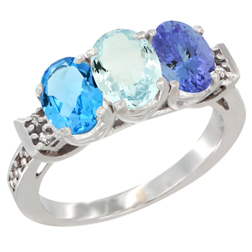 Sabrina Silver 14K White Gold Natural Swiss Blue Topaz, Aquamarine & Tanzanite Ring 3-Stone 7x5 mm Oval Diamond Accent, sizes 5 - 10