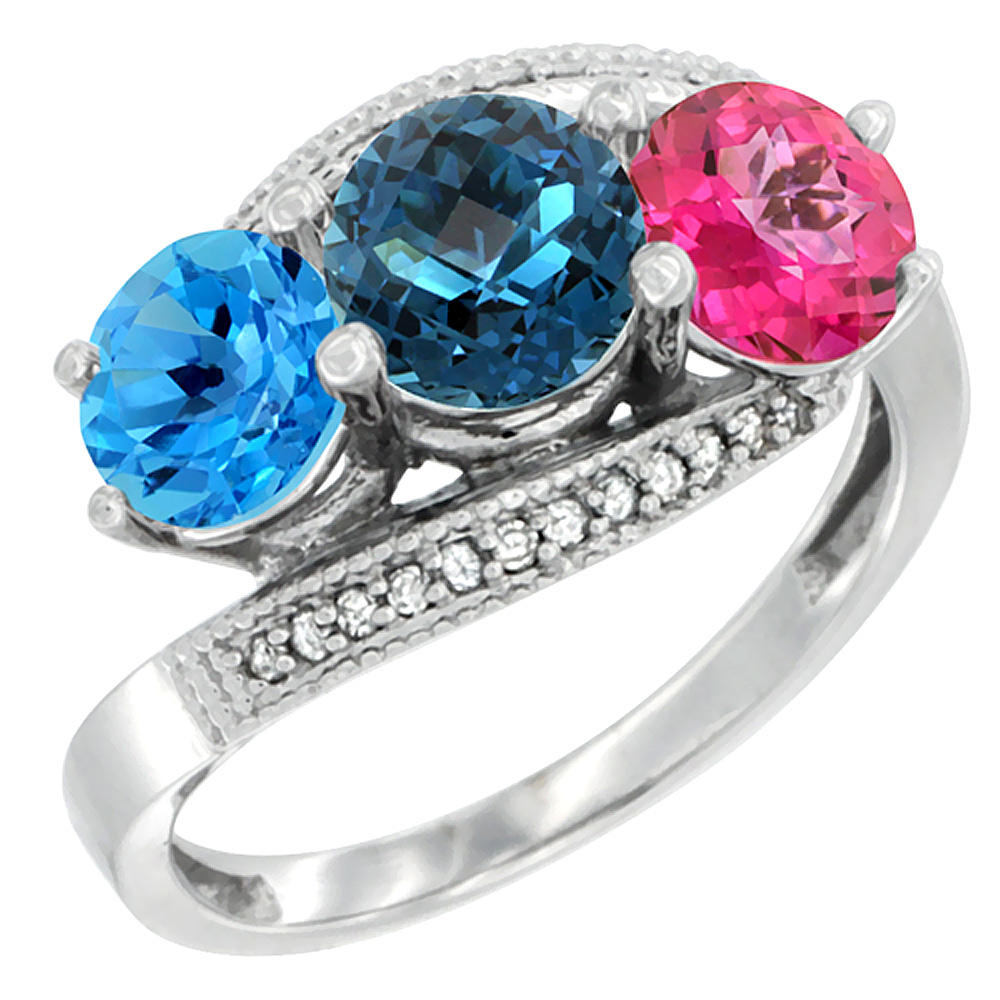 Sabrina Silver 14K White Gold Natural Swiss Blue Topaz, London Blue & Pink Topaz 3 stone Ring Round 6mm Diamond Accent, sizes 5 - 10