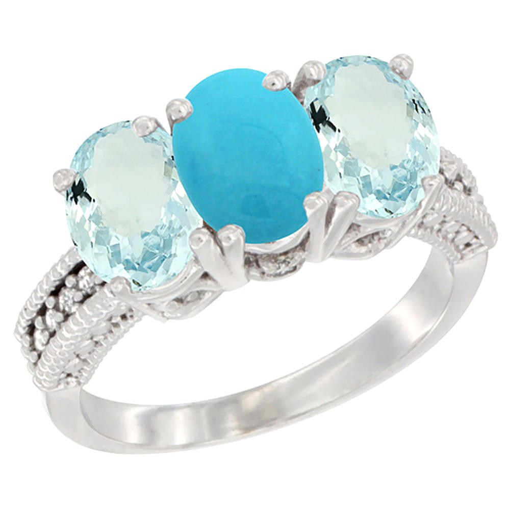 Sabrina Silver 14K White Gold Natural Turquoise & Aquamarine Sides Ring 3-Stone Oval 7x5 mm Diamond Accent, sizes 5 - 10
