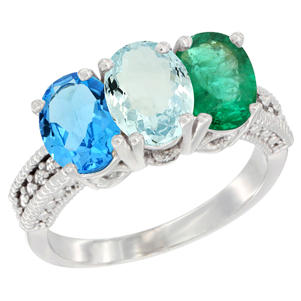 Sabrina Silver 14K White Gold Natural Swiss Blue Topaz, Aquamarine & Emerald Ring 3-Stone 7x5 mm Oval Diamond Accent, sizes 5 - 10