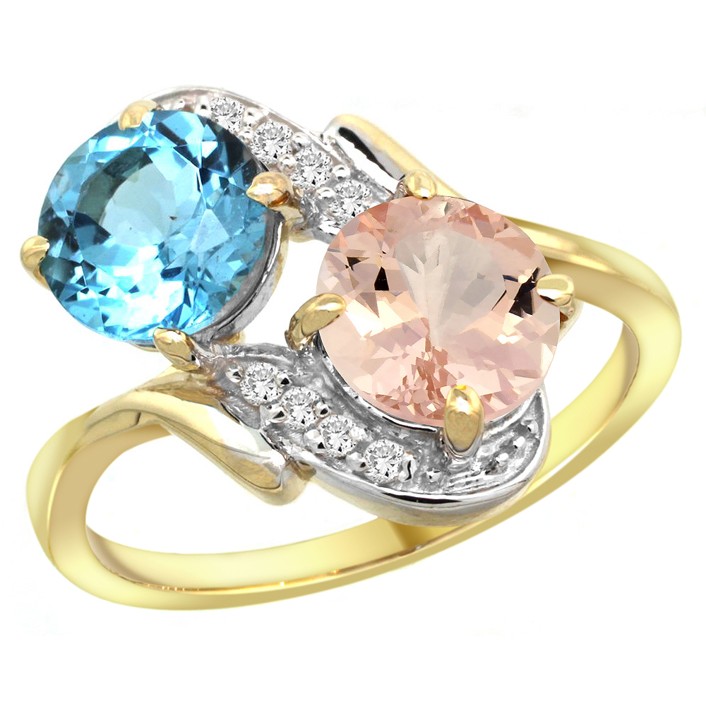 Sabrina Silver 14k Yellow Gold Diamond Natural Swiss Blue Topaz & Morganite Mother"s Ring Round 7mm, 3/4 inch wide, sizes 5 - 10