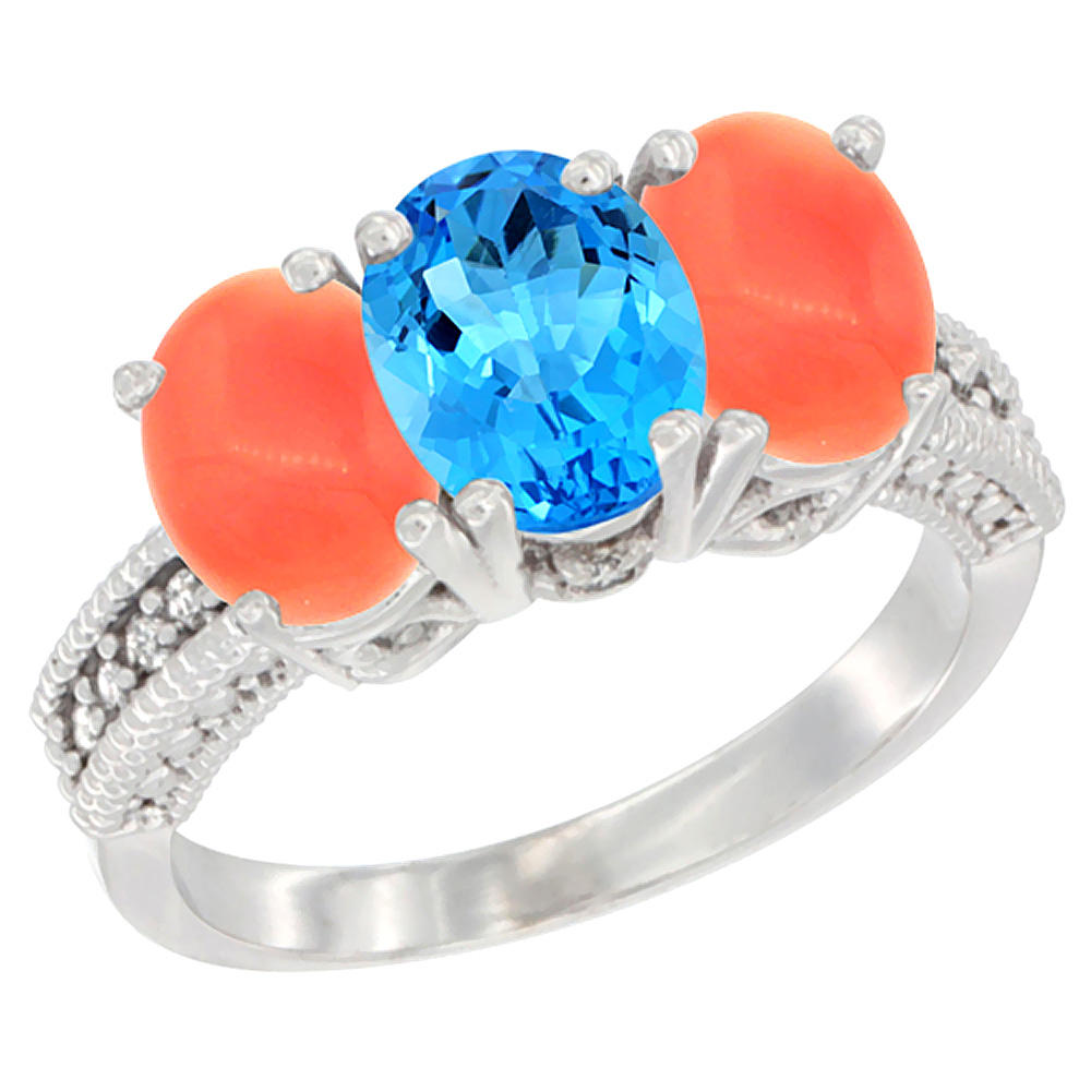 Sabrina Silver 10K White Gold Diamond Natural Swiss Blue Topaz & Coral Ring 3-Stone 7x5 mm Oval, sizes 5 - 10