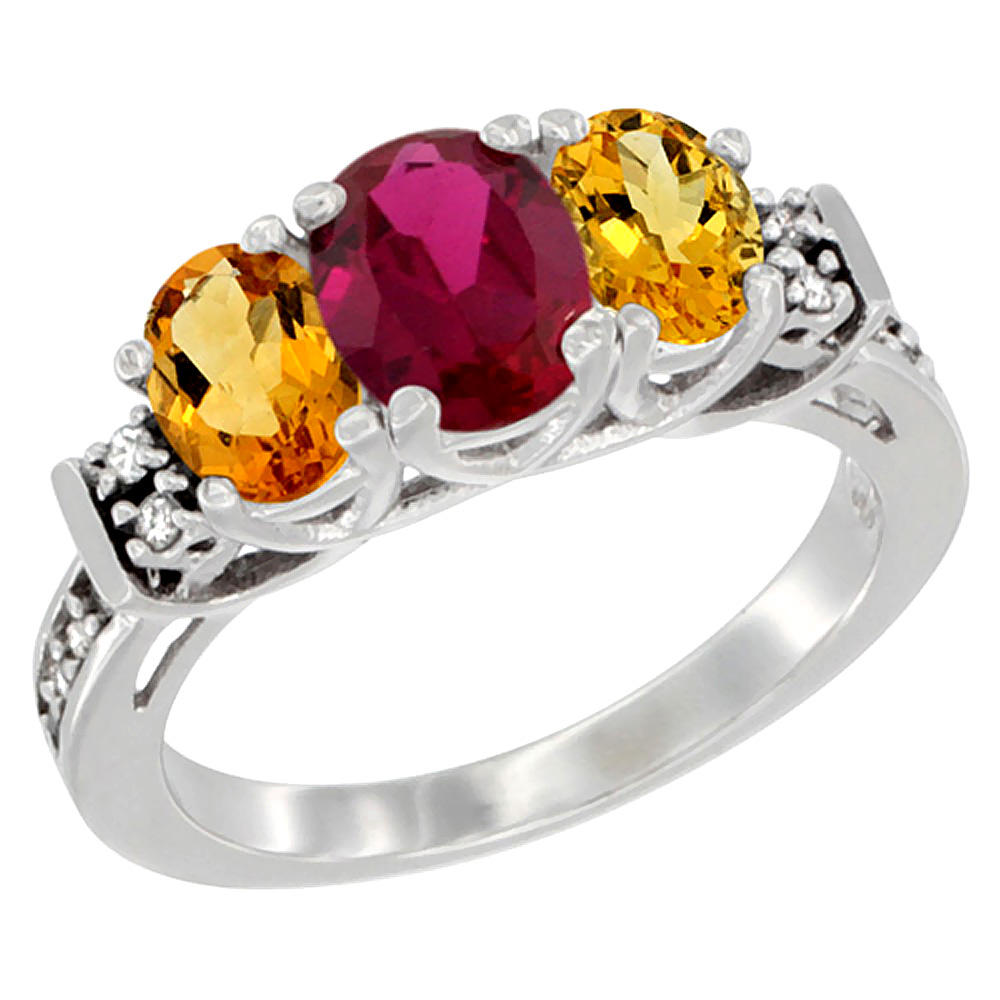 Sabrina Silver 14K White Gold Enhanced Ruby & Natural Citrine Ring 3-Stone Oval Diamond Accent, sizes 5-10