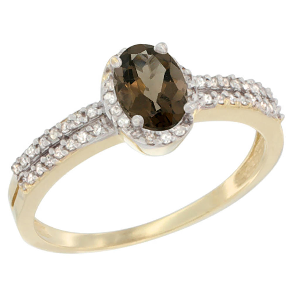Sabrina Silver 14K Yellow Gold Natural Smoky Topaz Ring Oval 6x4mm Diamond Accent, sizes 5-10