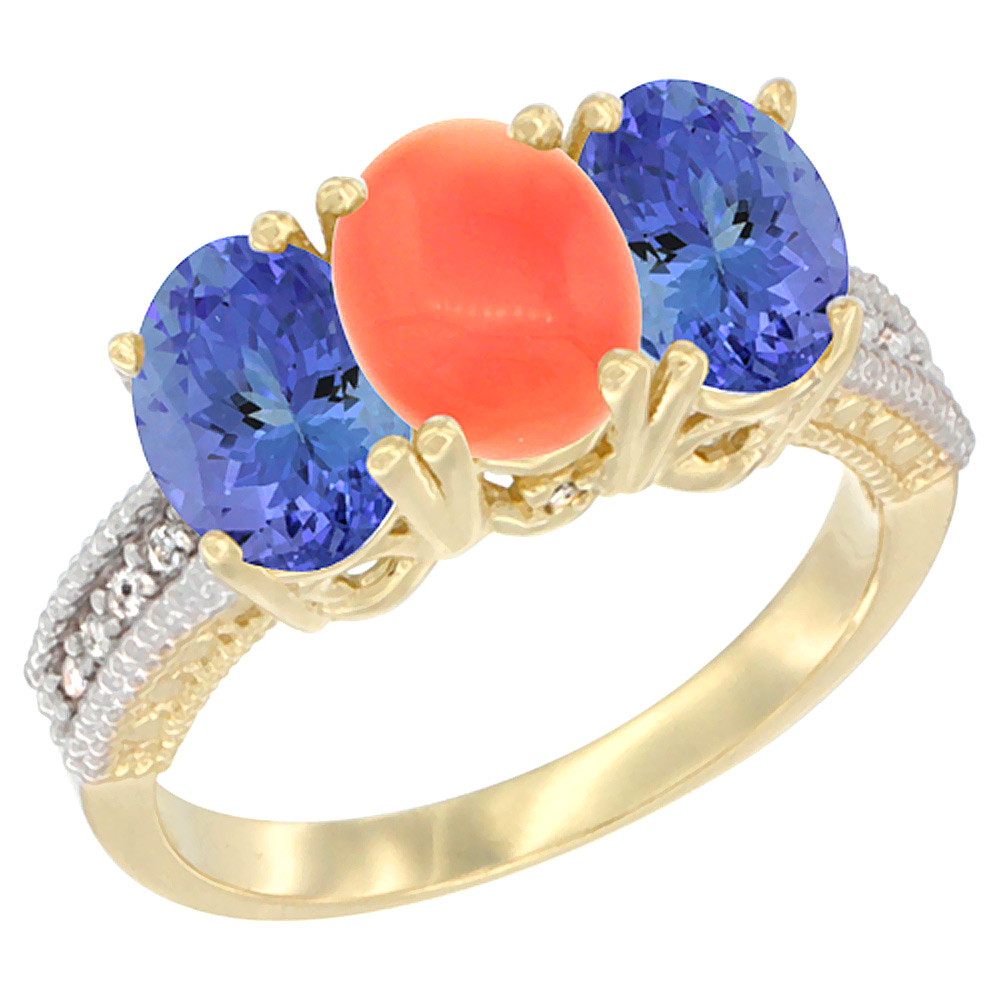 Sabrina Silver 14K Yellow Gold Natural Coral Ring with Tanzanite 3-Stone 7x5 mm Oval Diamond Accent, sizes 5 - 10