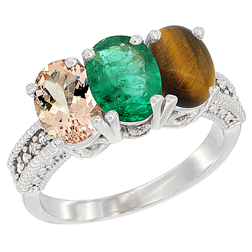 Sabrina Silver 10K White Gold Natural Morganite, Emerald & Tiger Eye Ring 3-Stone Oval 7x5 mm Diamond Accent, sizes 5 - 10