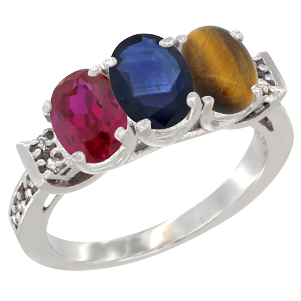 Sabrina Silver 10K White Gold Enhanced Ruby, Natural Blue Sapphire & Tiger Eye Ring 3-Stone Oval 7x5 mm Diamond Accent, sizes 5 - 10
