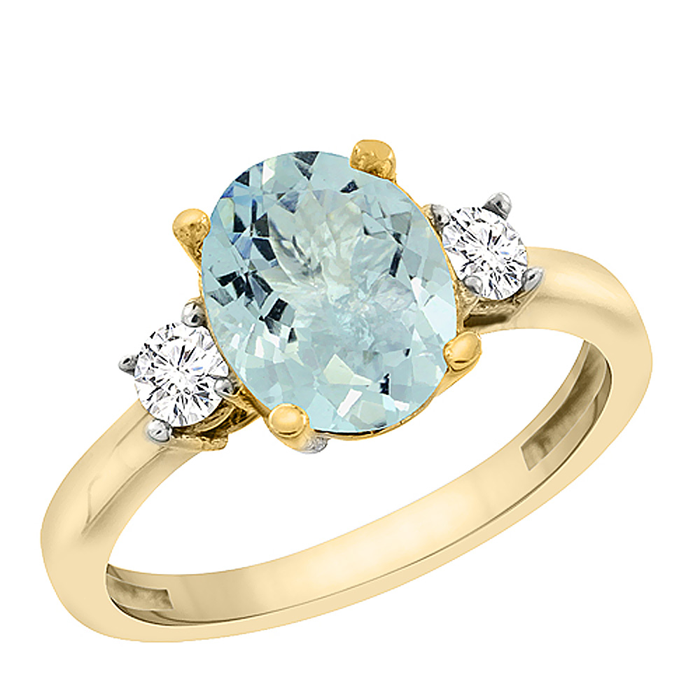 Sabrina Silver 14K Yellow Gold Natural Aquamarine Engagement Ring Oval 10x8 mm Diamond Sides, sizes 5 - 10