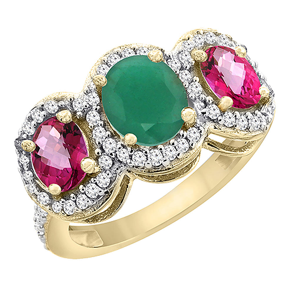 Sabrina Silver 10K Yellow Gold Natural Emerald & Pink Topaz 3-Stone Ring Oval Diamond Accent, sizes 5 - 10