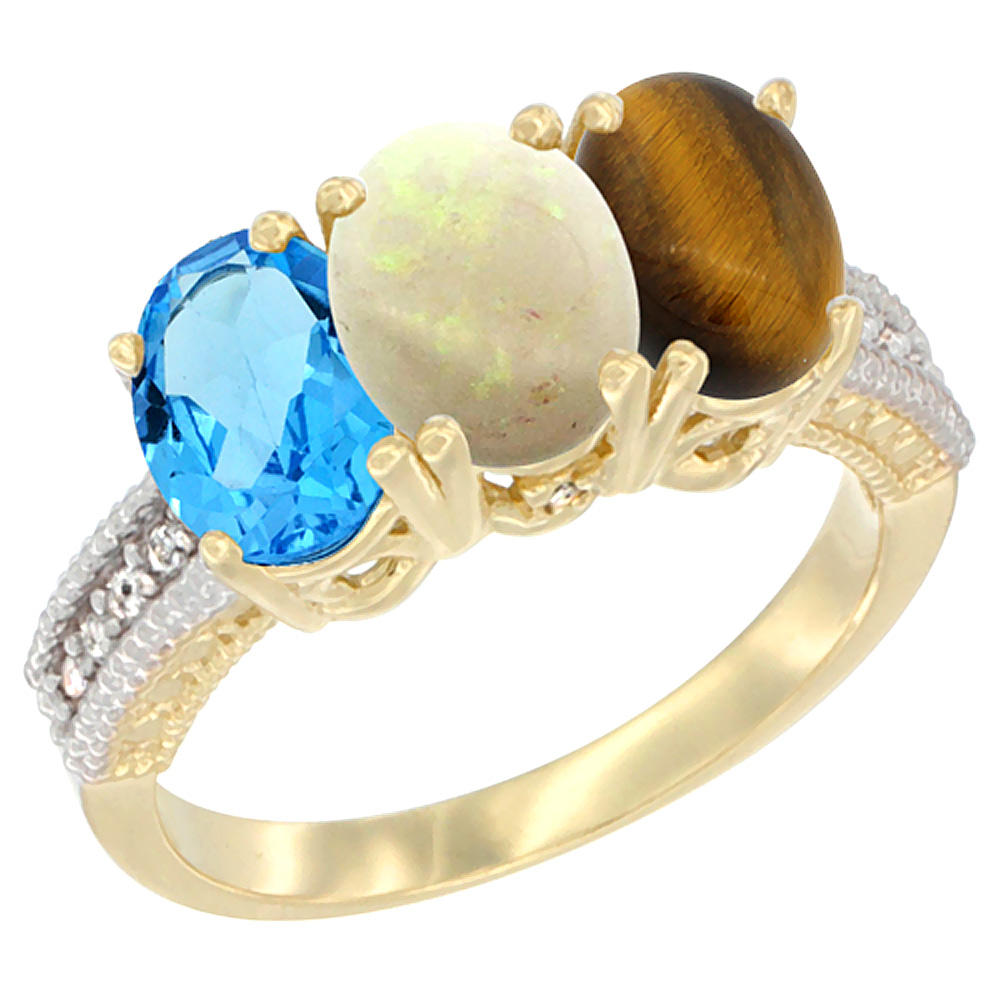 Sabrina Silver 14K Yellow Gold Natural Swiss Blue Topaz, Opal & Tiger Eye Ring 3-Stone 7x5 mm Oval Diamond Accent, sizes 5 - 10