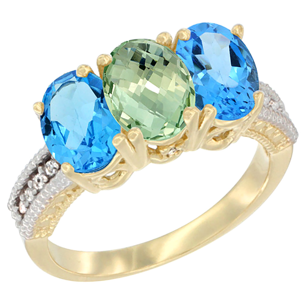 Sabrina Silver 10K Yellow Gold Diamond Natural Green Amethyst & Swiss Blue Topaz Sides Ring 3-Stone Oval 7x5 mm, sizes 5 - 10