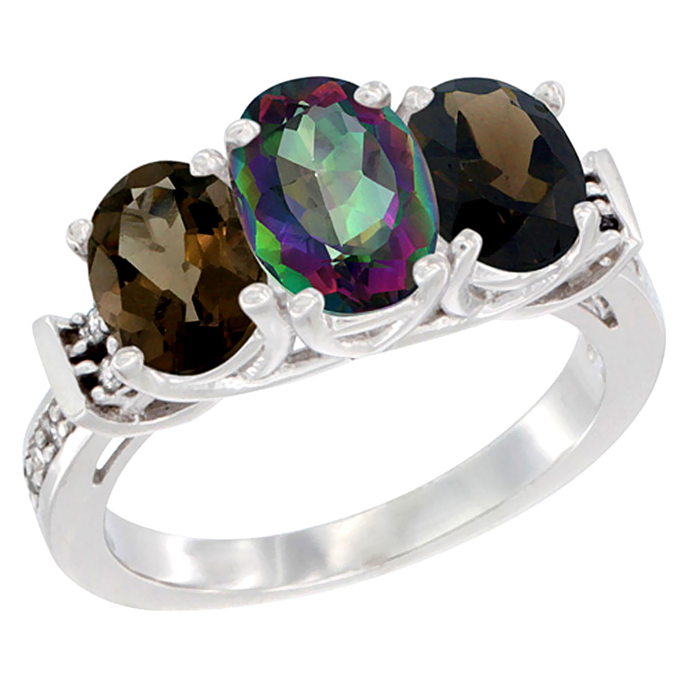 Sabrina Silver 14K White Gold Natural Mystic Topaz & Smoky Topaz Sides Ring 3-Stone Oval Diamond Accent, sizes 5 - 10