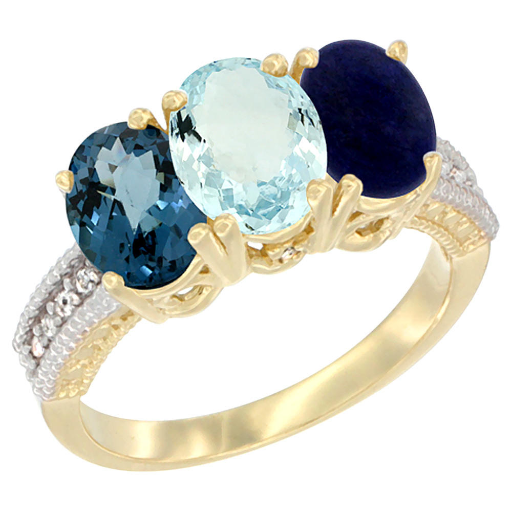 Sabrina Silver 14K Yellow Gold Natural London Blue Topaz, Aquamarine & Lapis Ring 3-Stone 7x5 mm Oval Diamond Accent, sizes 5 - 10