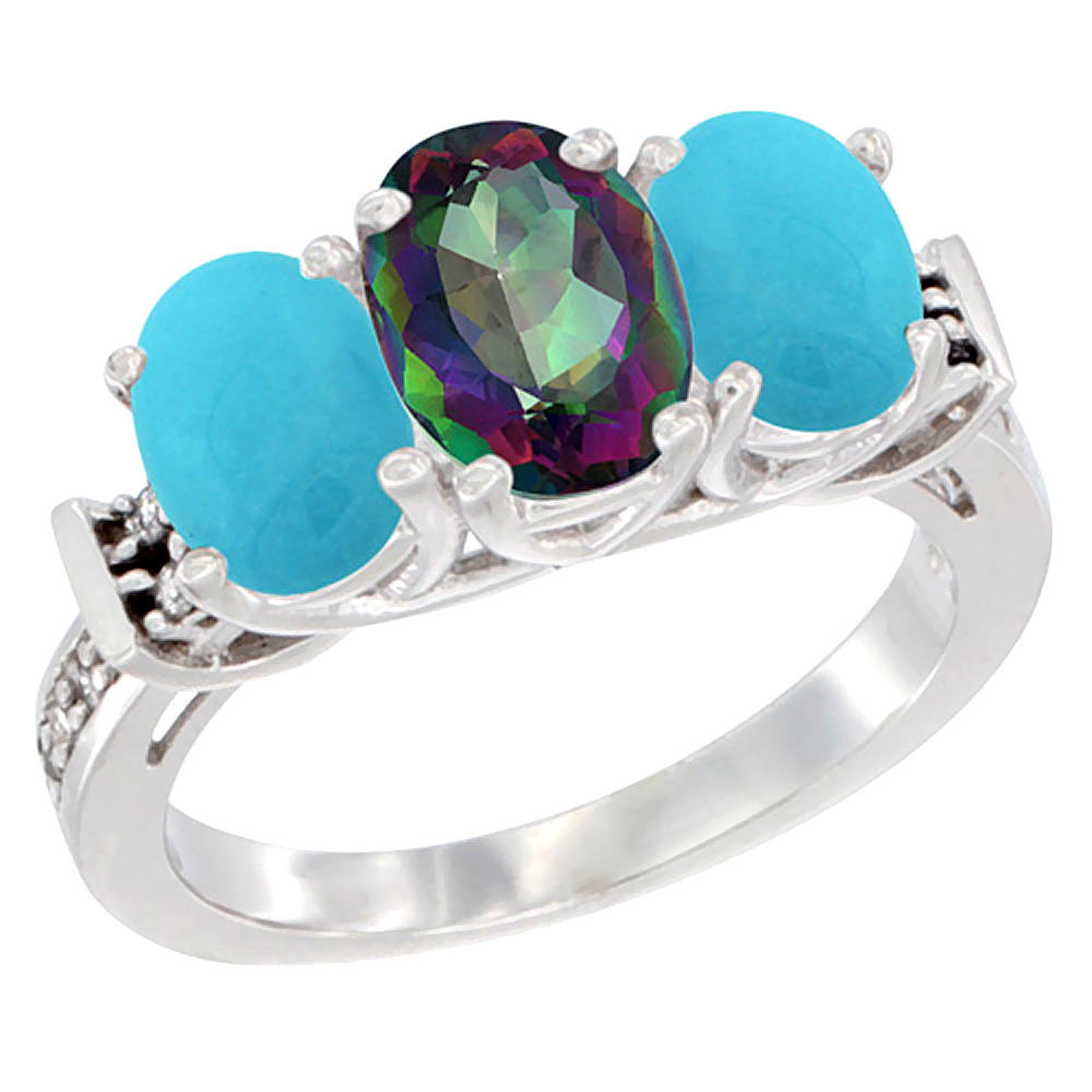 Sabrina Silver 14K White Gold Natural Mystic Topaz & Turquoise Sides Ring 3-Stone Oval Diamond Accent, sizes 5 - 10