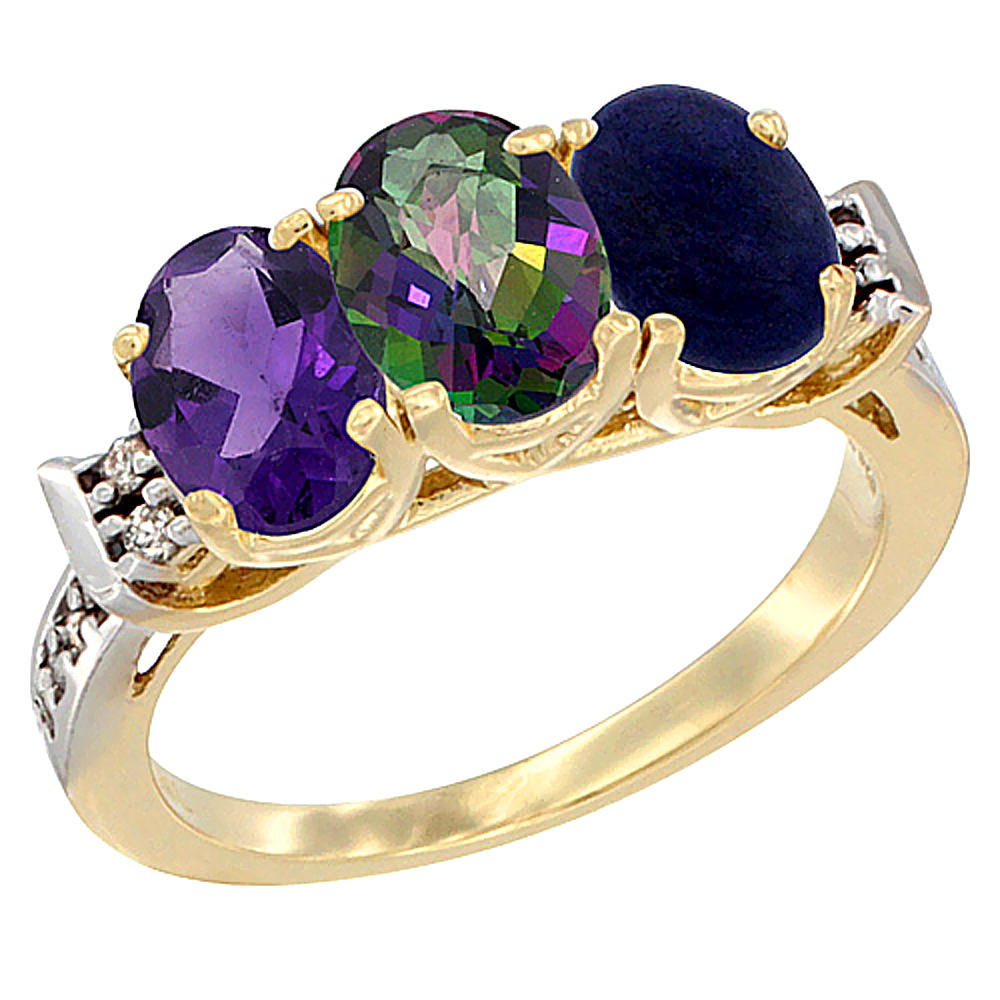Sabrina Silver 14K Yellow Gold Natural Amethyst, Mystic Topaz & Lapis Ring 3-Stone 7x5 mm Oval Diamond Accent, sizes 5 - 10