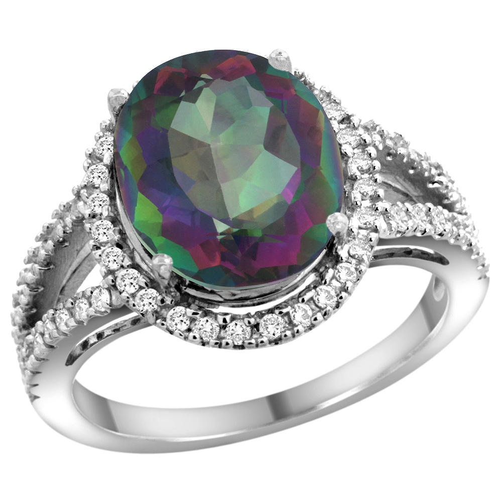 Sabrina Silver 14k White Gold Natural Mystic Topaz Ring Oval 12x10mm Diamond Accents, sizes 5 - 10
