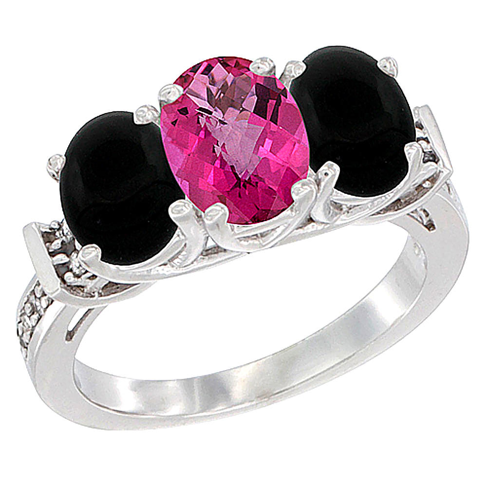 Sabrina Silver 14K White Gold Natural Pink Topaz & Black Onyx Sides Ring 3-Stone Oval Diamond Accent, sizes 5 - 10