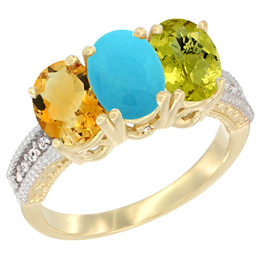 Sabrina Silver 10K Yellow Gold Diamond Natural Citrine, Turquoise & Lemon Quartz Ring 3-Stone 7x5 mm Oval, sizes 5 - 10
