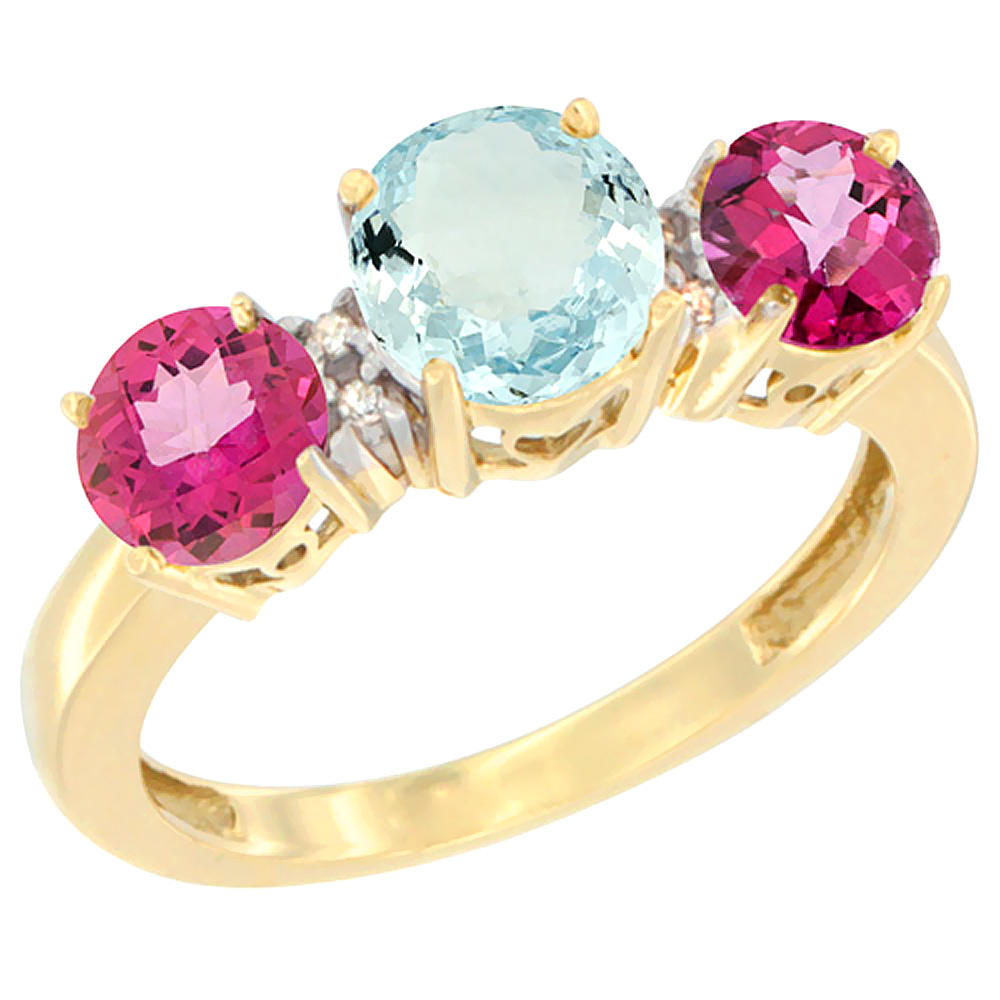 Sabrina Silver 14K Yellow Gold Round 3-Stone Natural Aquamarine Ring & Pink Topaz Sides Diamond Accent, sizes 5 - 10