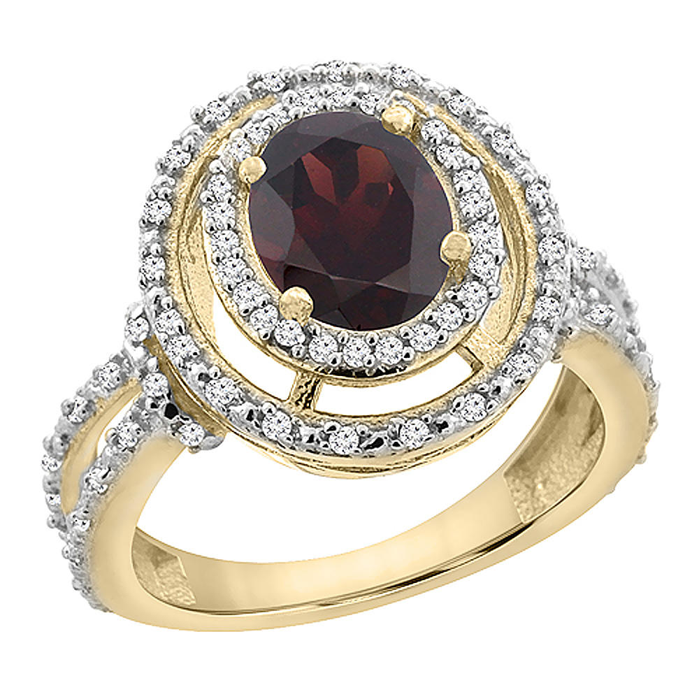 Sabrina Silver 10K Yellow Gold Natural Garnet Ring Oval 8x6 mm Double Halo Diamond, sizes 5 - 10