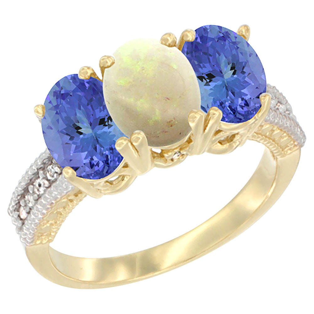 Sabrina Silver 14K Yellow Gold Natural Opal Ring with Tanzanite 3-Stone 7x5 mm Oval Diamond Accent, sizes 5 - 10