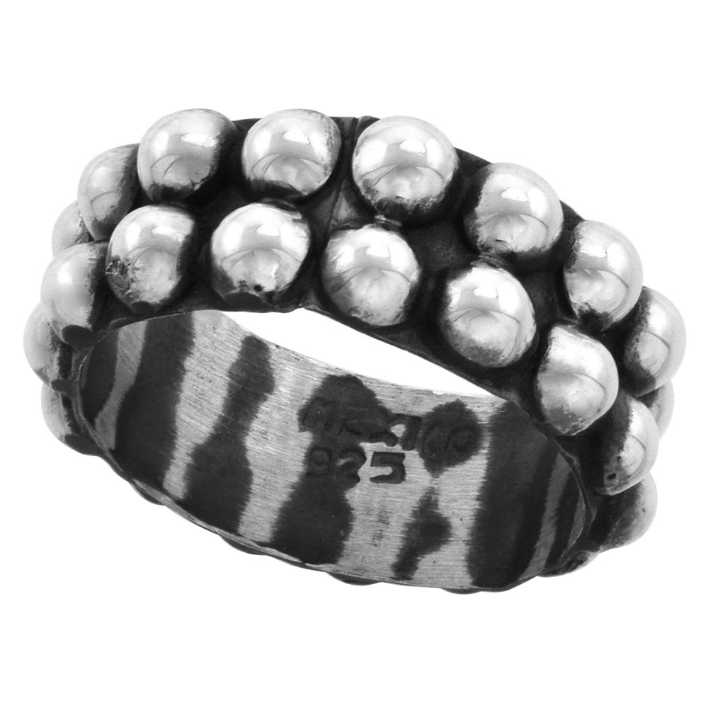Sabrina Silver Sterling Silver Southwestern Design Ring for Men and Women 2-row Beads Handmade 5/16 inch wide sizes 6-13