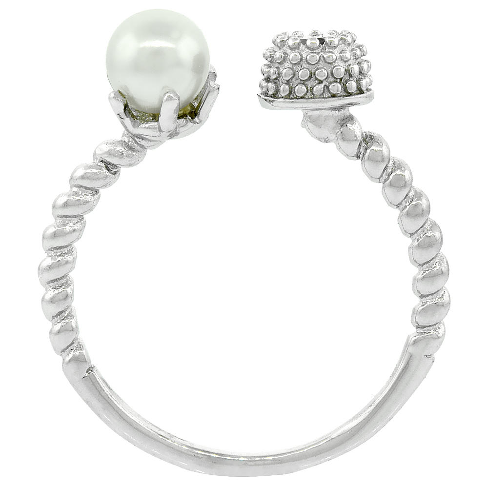Sabrina Silver Sterling Silver Cubic Zirconia & Faux Pearl Twisted Open Ring 5mm, sizes 6 - 9