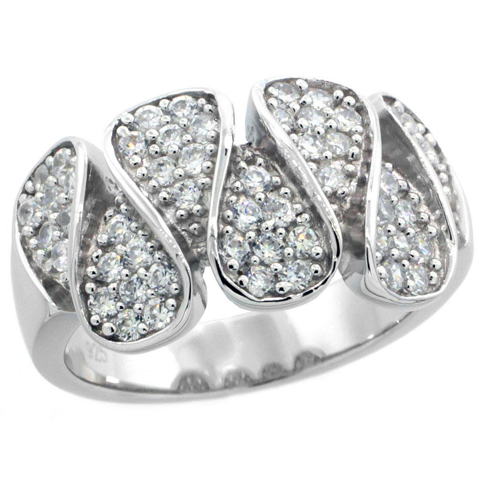 Sabrina Silver Sterling Silver Cubic Zirconia Wave Ring Micro Pave 7/16 inch wide, sizes 6-9