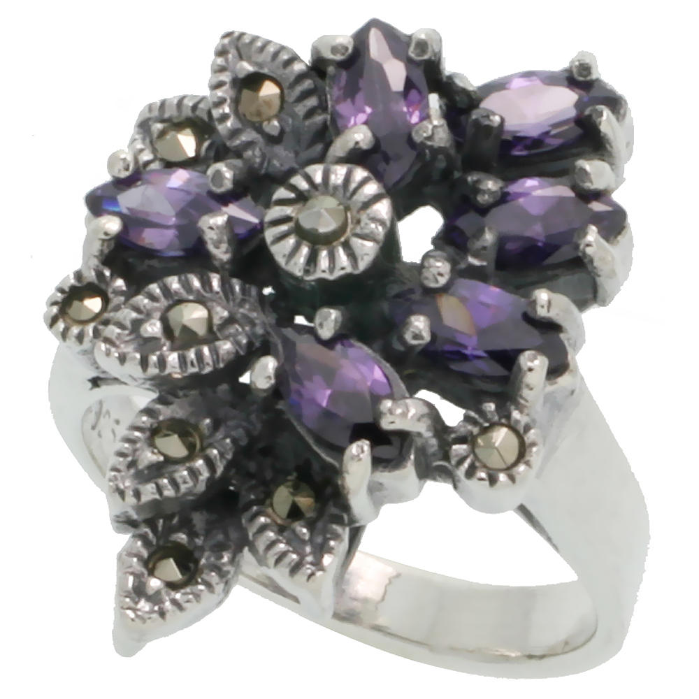 Sabrina Silver Sterling Silver Marcasite Flower Ring, w/ Marquise Cut Amethyst CZ, 7/8" (22 mm) wide