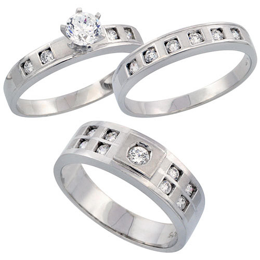 Sabrina Silver Sterling Silver 3-Piece His 7 mm & Hers 4 mm Trio Wedding Ring Set CZ Stones Rhodium Finish, Ladies sizes 5 - 10, Mens sizes 8 -