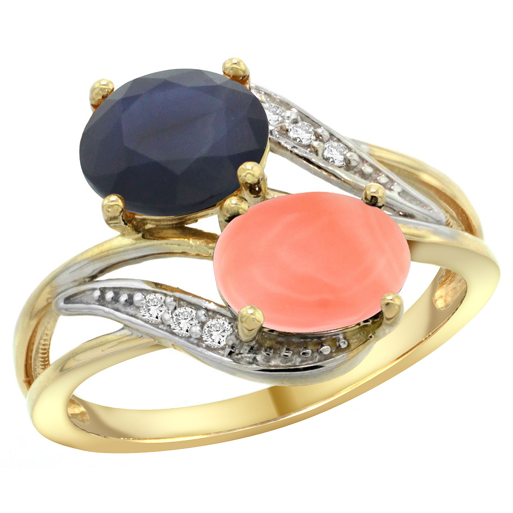Sabrina Silver 14K Yellow Gold Diamond Natural Quality Blue Sapphire & Coral 2-stone Mothers Ring Oval 8x6mm, size5 - 10