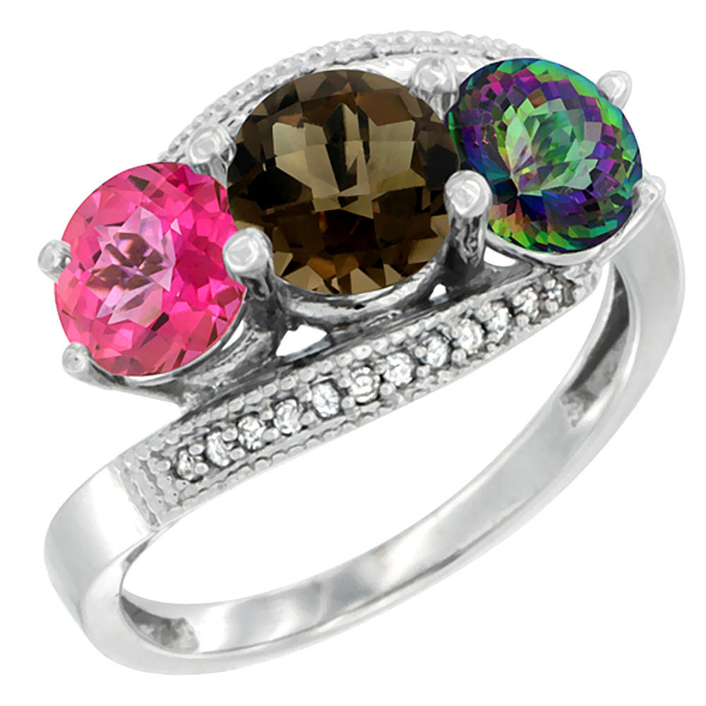 Sabrina Silver 10K White Gold Natural Pink Topaz, Smoky & Mystic Topaz 3 stone Ring Round 6mm Diamond Accent, sizes 5 - 10