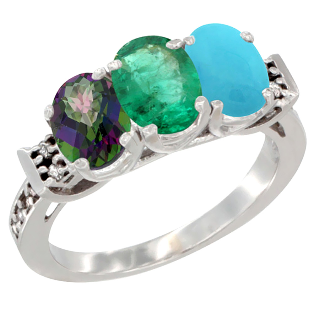 Sabrina Silver 10K White Gold Natural Mystic Topaz, Emerald & Turquoise Ring 3-Stone Oval 7x5 mm Diamond Accent, sizes 5 - 10