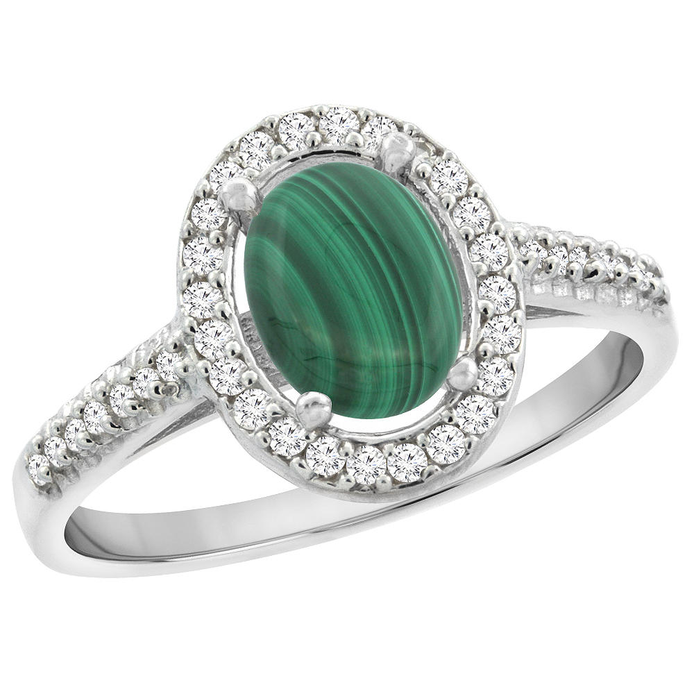 Sabrina Silver 10K White Gold Natural Malachite Engagement Ring Oval 7x5 mm Diamond Halo, sizes 5 - 10